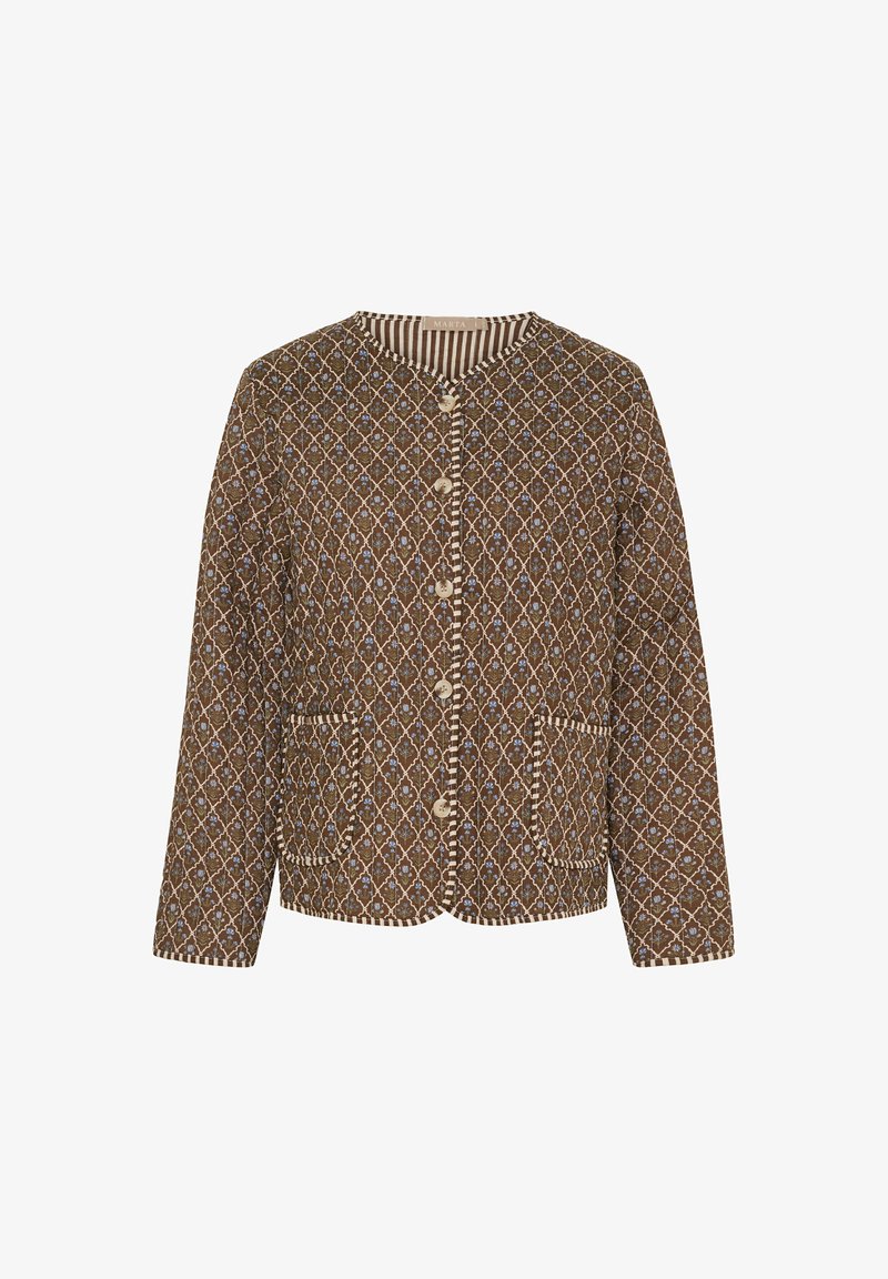 Brun mønstrede jakke med geometrisk design, knaplukning og to frontlommer. Kantet med en kontrasterende stribet krave.