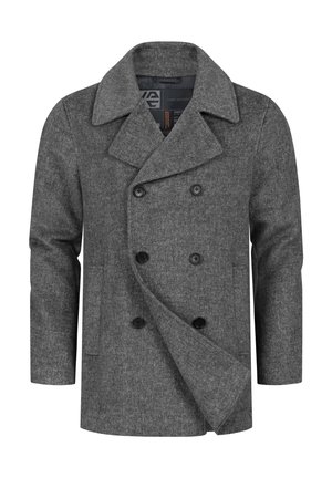 Cappotto grigio in lana con design doppiopetto, ampi rever e bottoni neri. Presenta un tessuto strutturato e tasche laterali.