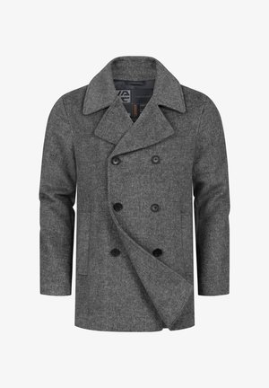 Cappotto grigio in lana con design doppiopetto, ampi rever e bottoni neri. Presenta un tessuto strutturato e tasche laterali.