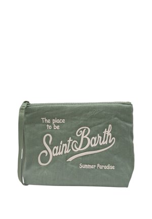 Bustina in tessuto verde con cerniera e testo bianco che dice "The place to be Saint Barth Summer Paradise."