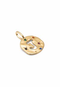 Pendentif en or de forme irrégulière, orné de pierres précieuses colorées : vert, orange, rose, bleu et violet, entouré d'accents en forme d'étoiles.