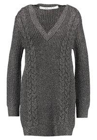 Pull gris tricoté avec col en V, manches longues et motif en torsades. Tissu texturé avec un léger éclat. Coupe régulière.