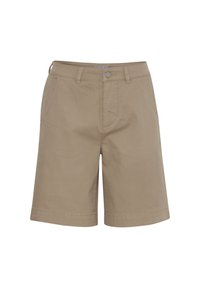 Shorts en coton beige avec une coupe droite, des poches avant et une fermeture à bouton. Texture lisse avec une finition soignée et des détails de couture minimalistes.