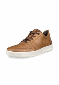 Brązowe skórzane sneakersy z kontrastującą białą gumową podeszwą. Charakteryzują się okrągłymi sznurowadłami, przeszyciami oraz teksturowanym panelem bocznym.