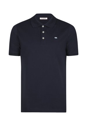 Tengerészkék rövid ujjú galléros póló, három fehér gombbal és egy kis világoskék hímzett logóval a bal mellrészen.