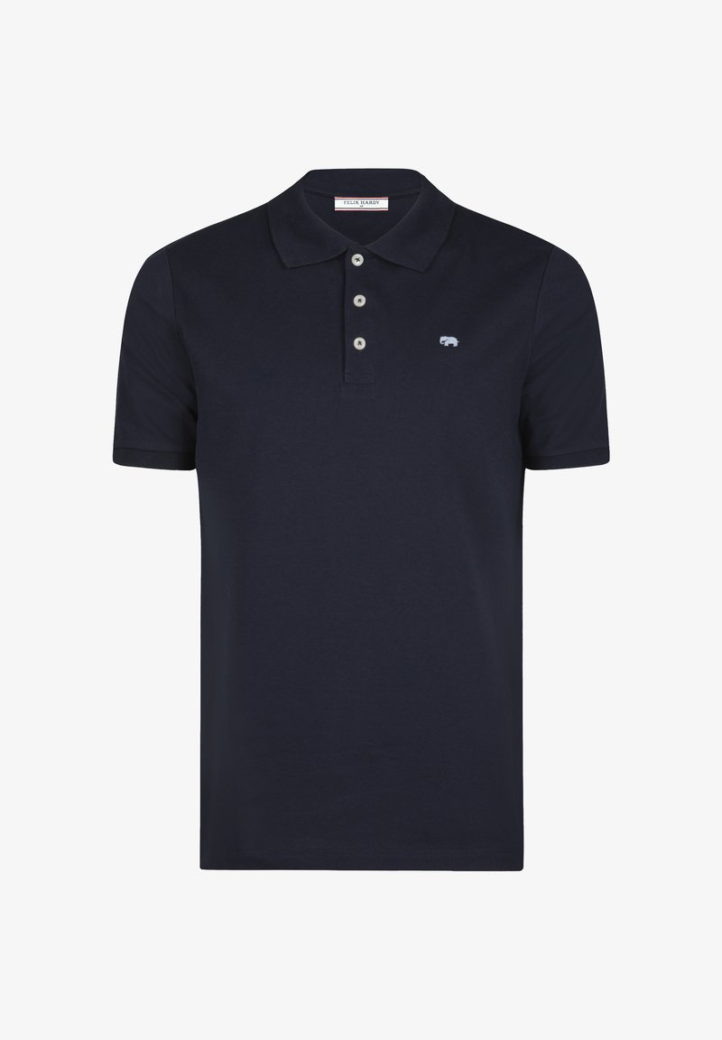 Polo bleu marine à manches courtes avec col, trois boutons blancs et un petit logo brodé bleu clair sur le côté gauche de la poitrine.