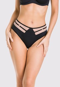 Czarnie wysokie majtki z przezroczystymi nudowymi akcentami, teksturowanym wzorem oraz dwoma dekoracyjnymi czarnymi paskami w talii. Złote detale.