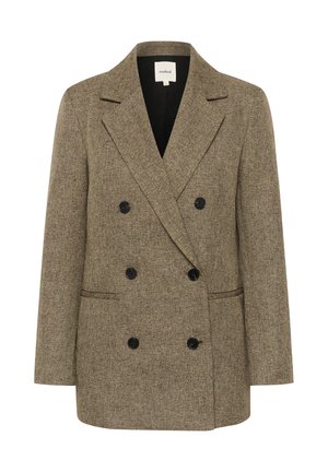 Brązowa marynarka w jodełkę o podwójnym zapięciu, z wyrazistymi klapami i dwiema przednimi kieszeniami. Czarne guziki i czarna podszewka.