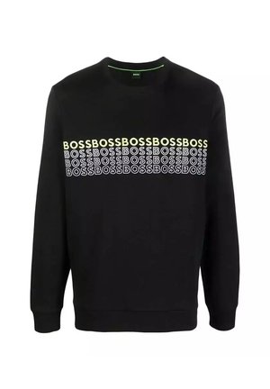 Zwarte sweatshirt met lange mouwen en ronde hals. Bevat een herhalend "BOSS" logo in wit en lichtgroen aan de voorkant. Gemaakt van een katoenmix.