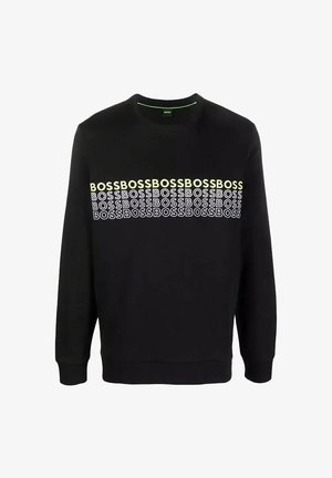 Zwarte sweatshirt met lange mouwen en ronde hals. Bevat een herhalend "BOSS" logo in wit en lichtgroen aan de voorkant. Gemaakt van een katoenmix.