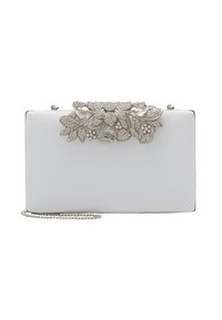 Bílá obdélníková kabelka s stříbrným řetízkem a zdobeným stříbrným květinovým zámkem posetým krystaly.