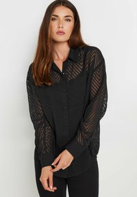 Camicia nera con bottoni in tessuto trasparente e texturizzato caratterizzata da un motivo a zigzag e maniche lunghe. Il design include una tasca sul petto.