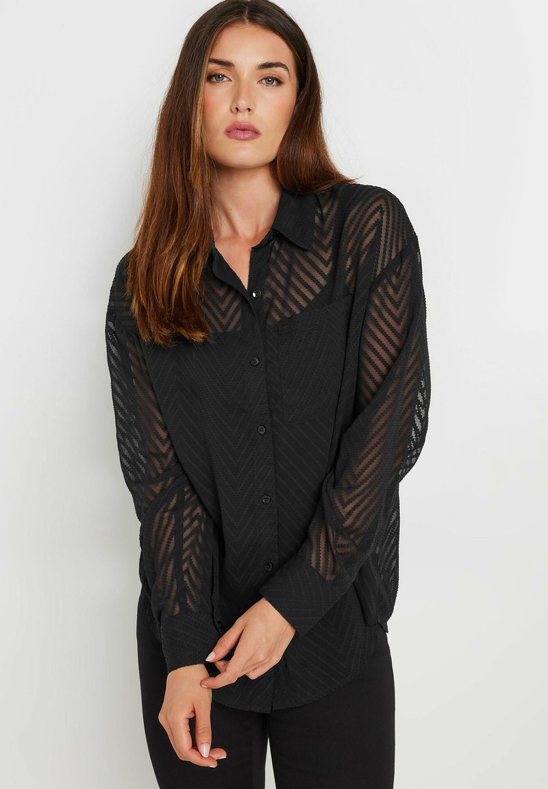 Camicia nera con bottoni in tessuto trasparente e texturizzato caratterizzata da un motivo a zigzag e maniche lunghe. Il design include una tasca sul petto.