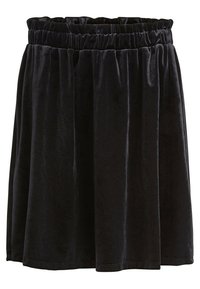 Jupe en velours noir avec une taille élastique, présentant une forme fluide et évasée ainsi qu'une texture douce. Finition lisse avec une légère brillance.