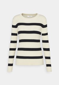 Pull rayé avec une base crème ornée de larges rayures horizontales noires, manches longues et texture côtelée. Col rond.