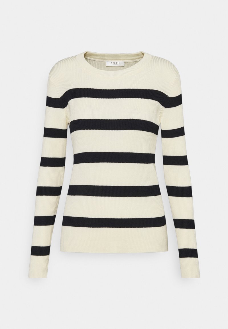 Pull rayé avec une base crème ornée de larges rayures horizontales noires, manches longues et texture côtelée. Col rond.