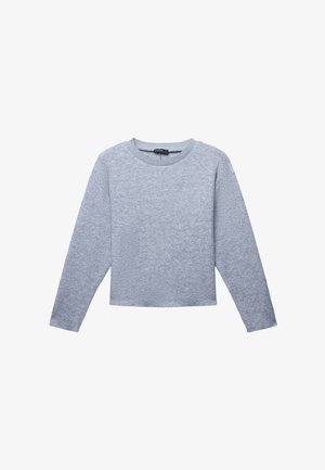 Grauer kurz geschnittener Pullover aus weichem Material, mit Rundhalsausschnitt und langen Ärmeln, die mit gerippten Bündchen für zusätzliche Textur versehen sind.