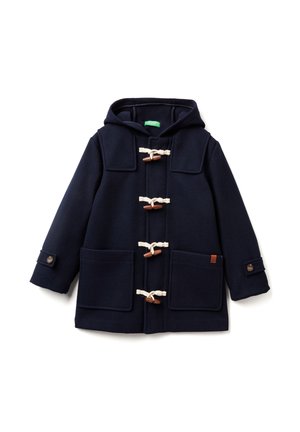Marineblauer Woll-Dufflecoat mit Kapuze, ausgestattet mit Toggle-Verschlüssen mit Holzakzenten, zwei Fronttaschen und Knopfmanschetten.