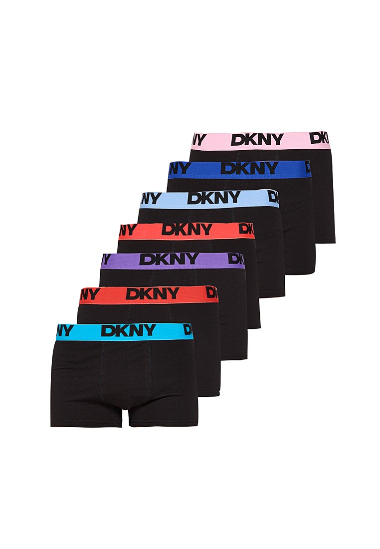 Set aus schwarzen Boxershorts mit DKNY-Logo-Bündchen in verschiedenen Farben: pink, blau, lila, rot und türkis. Dehnbare Baumwollmaterialien.