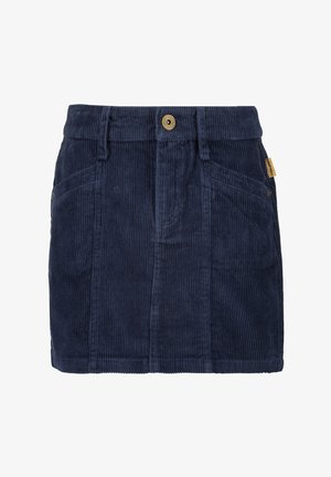 Granatowa spódnica z korduru o teksturowej powierzchni, z zapięciem na guziki z przodu, dwiema przednimi kieszeniami oraz logo marki na boku.