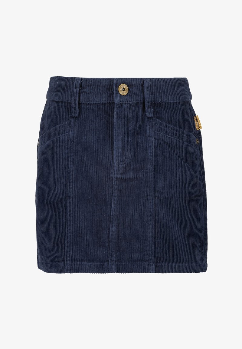 Gonna in corduroy blu navy con superficie testurizzata, presenta una chiusura con bottoni frontali, due tasche anteriori e un'etichetta con il marchio sul lato.