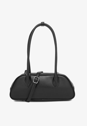 Mustast nahast käsipurgil on ümmargune kuju, millel on kaks piklikku käepidet ja dekoratiivsed lehekujulised aktsendid külgedel.