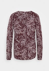 Burgundy långärmad blus med ett vitt botaniskt tryck, rundad halsringning och diskreta knapprader framtill. Mjuk och texturerad tyg.