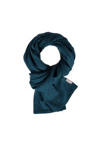 Sciarpa teal realizzata in morbido tessuto, con un design a loop e una finitura testurizzata. Include un piccolo etichetta del marchio nell'angolo.