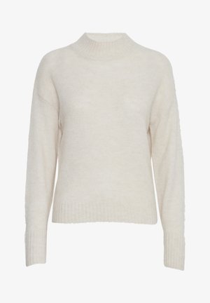 Krémový sveter vyrobený z jemného, nadýchaného materiálu. Má vysoký golier, dlhé rukávy a rebrované manžety a lem pre pohodlný strih.