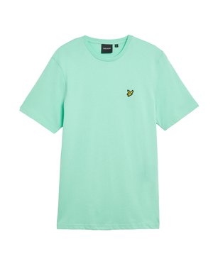 Muntgroen katoenen T-shirt met korte mouwen, ronde hals en een klein geel vlinderlogo geborduurd op de linkerborst.