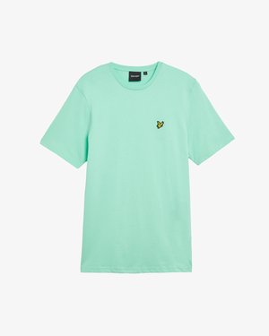 Hagymaszínű zöld, rövid ujjú, kerek nyakú pamut póló, bal mellrészen kis sárga pillangó hímzéssel.