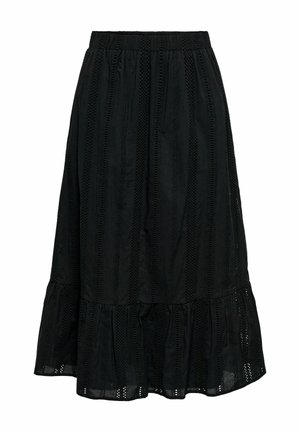 Zwarte midirok met verticale kanten strepen en een gerimpelde zoom, voorzien van een elastische tailleband voor een comfortabele pasvorm.