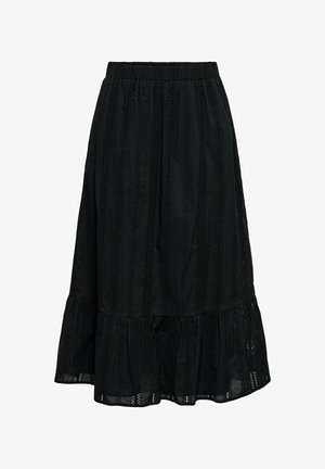 Zwarte midirok met verticale kanten strepen en een gerimpelde zoom, voorzien van een elastische tailleband voor een comfortabele pasvorm.