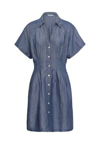 Robe bleue à manches courtes avec col et ceinture ajustée, en tissu léger texturé.