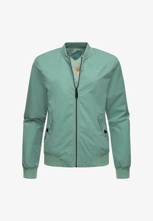 Light green bomber jacket with a front zipper, side pockets, ribbed cuffs, and a floral-patterned inner lining.