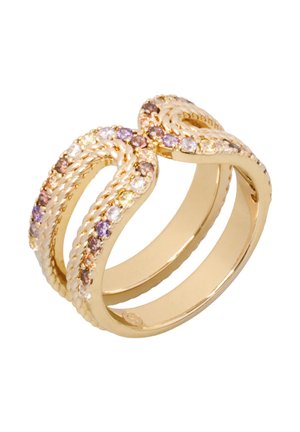 Bague en or au design ouvert et torsadé, décorée de petites pierres précieuses alternées violet, jaune et transparent le long des bords supérieurs.