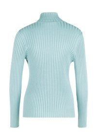 Light blue, ribbed turtleneck sweater with long sleeves and a fitted design, featuring a high neck and textured surface.