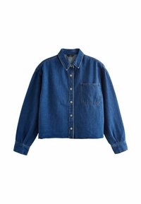 Korte spijkerblouse in donkerblauw met een knoopsluiting, spitse kraag, lange mouwen, een borstzak en contrasterende stiksels.