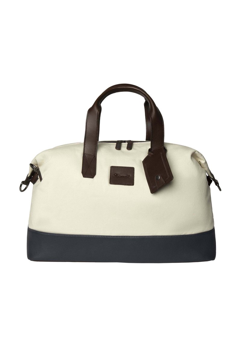 Borsone in tela con parte superiore crema e fondo in pelle blu, manici in pelle marrone e un'etichetta. Presenta una chiusura con zip e un patch con logo.