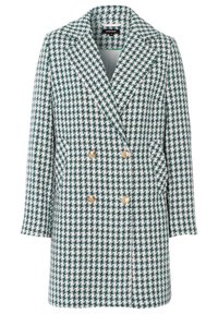 Dubbelknäppt lång blazer med grön och vit houndstooth-mönster och fyra gyllene dekorativa knappar, två framfickor.