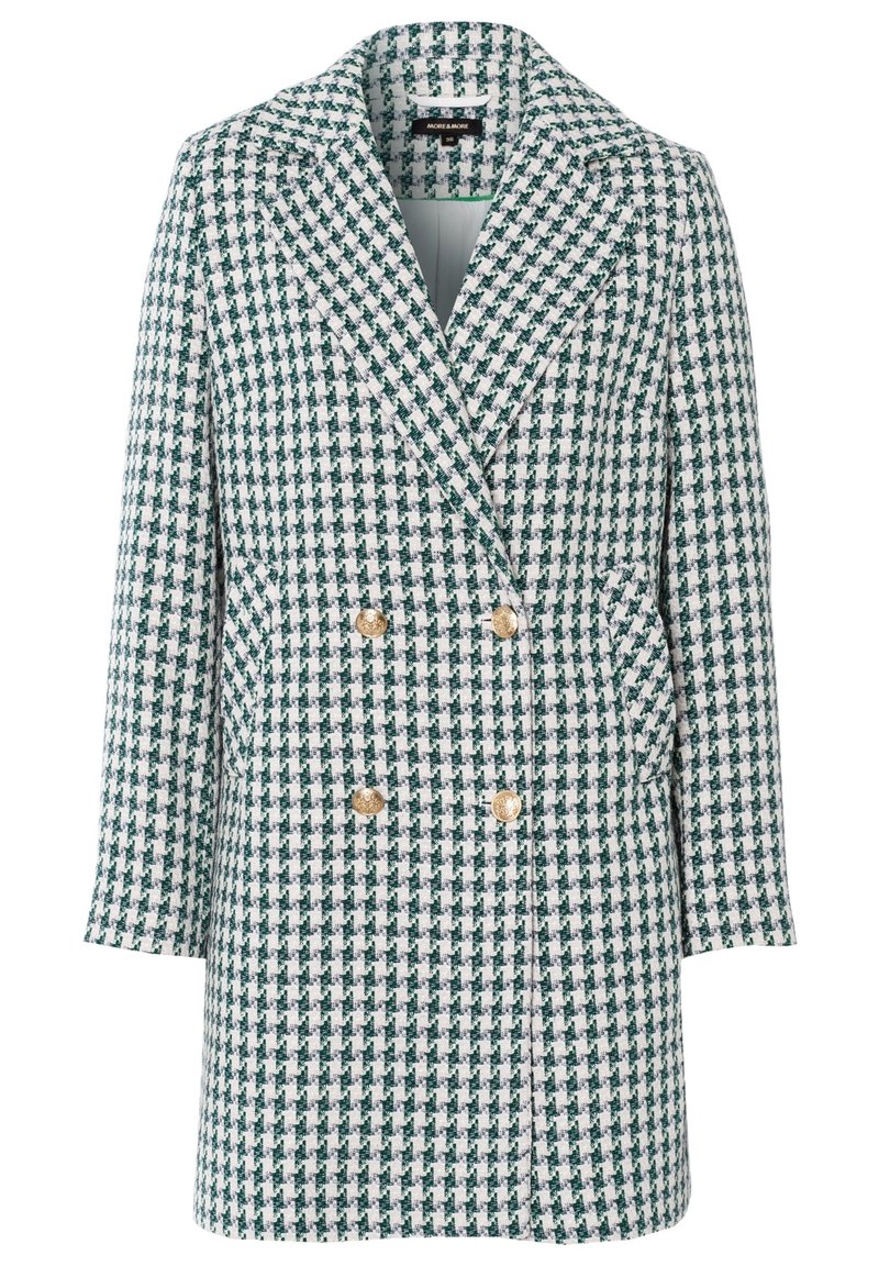 Dubbelknäppt lång blazer med grön och vit houndstooth-mönster och fyra gyllene dekorativa knappar, två framfickor.