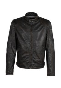 Schwarze Lederjacke mit hohem Kragen, Reißverschluss, strukturierten Schulterpaneelen und Seitentaschen. Sie hat eine glatte, leicht abgenutzte Oberfläche.