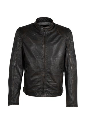 Veste en cuir noire avec un col haut, fermeture éclair, panneaux d'épaule texturés et poches latérales. Présente une finition lisse, légèrement usée.