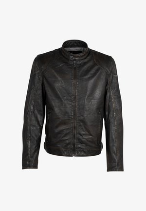 Veste en cuir noire avec un col haut, fermeture éclair, panneaux d'épaule texturés et poches latérales. Présente une finition lisse, légèrement usée.