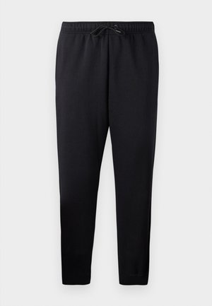 Black tapered joggers made of soft fabric, featuring an elastic waistband with a drawstring, cuffed ankles, and no pockets.