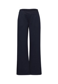 Marinblå vida byxor med elastisk midja, detaljerad sömnad och inga synliga fickor visas på en enkel vit bakgrund.