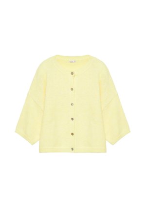 Cardigan morbido giallo a maniche lunghe con bottoni, scollo rotondo e tessuto lavorato a maglia con texture.