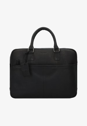 Malette en cuir noir avec deux poignées supérieures, poche avant, surface texturée, accents en métal argenté et une étiquette de marque amovible.