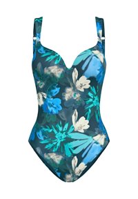 Jednoczęściowy kostium kąpielowy w kwiaty, z ciemnoniebieskim tłem i wzorami w kolorach turkusowym, białym i zielonym. Gładka tkanina oraz dekolt w kształcie litery V.