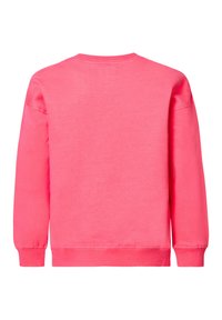Roze sweatshirt met een ronde hals, lange mouwen en geribbelde manchetten en zoom. Het materiaal lijkt zacht met een gladde textuur, zonder patronen of grafische elementen.
